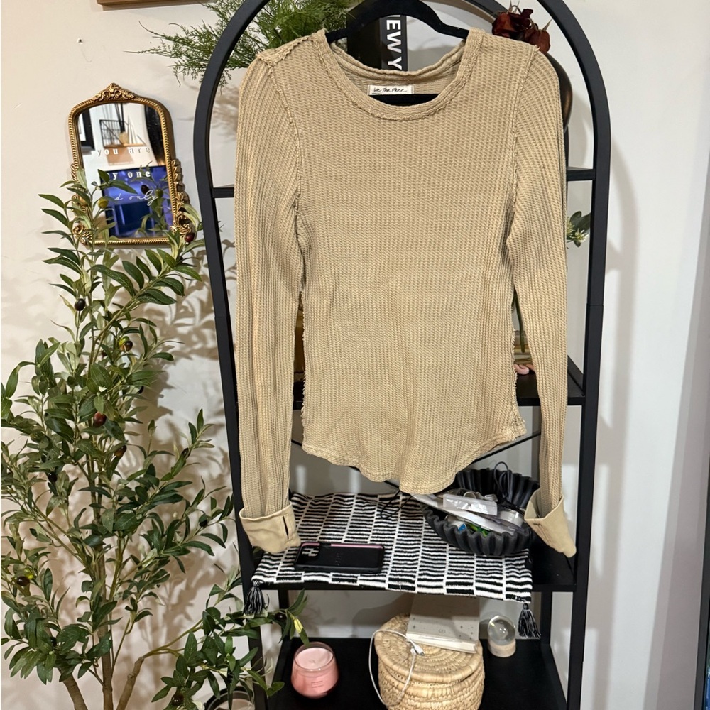 We The Free Beige Waffle Long Sleeve Thermal Top